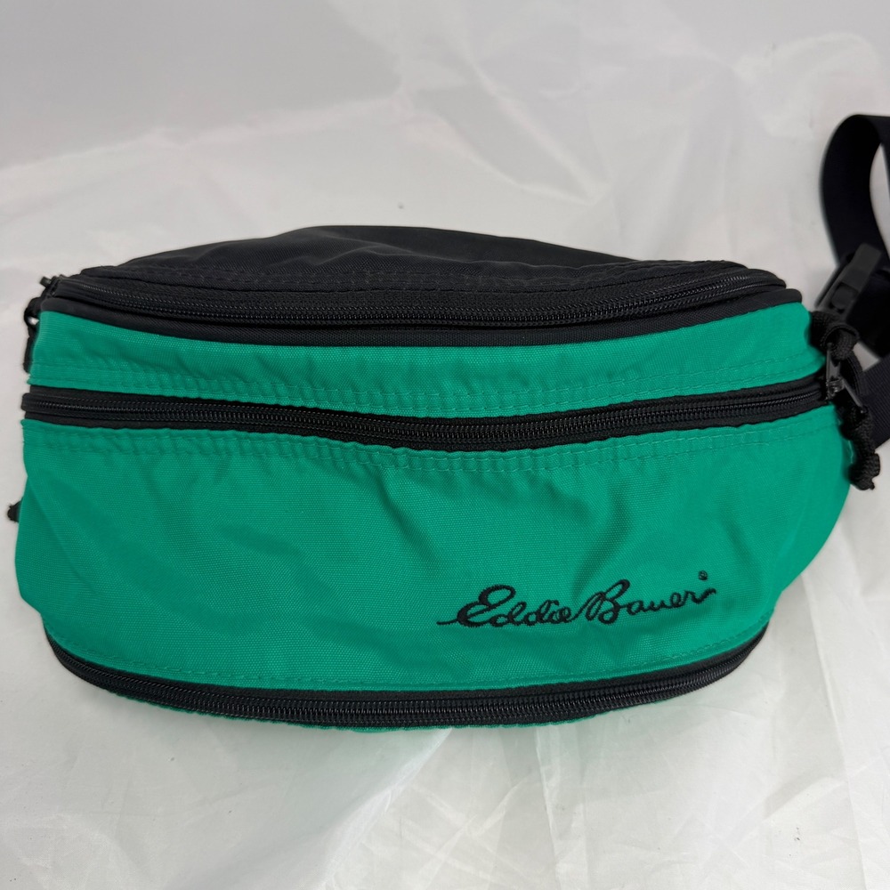 Vintage Eddie Bauer Green Black Nylon Waist Pack Fanny Pack Hiking Bag